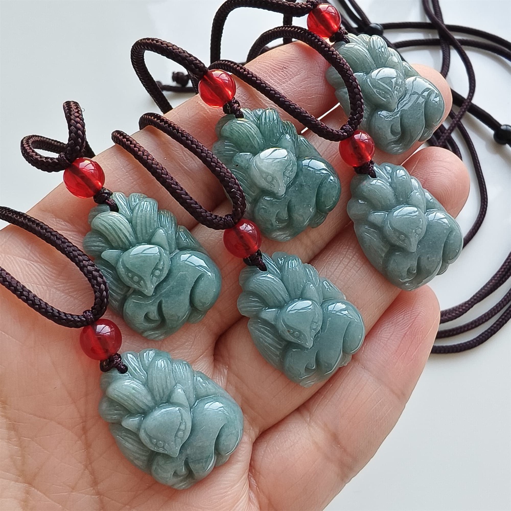 DDP | 23.4X17.3X5.6mm Natural Certificated Type A Blue Guatemalan Jadeite Nine Tailed Fox Pendant,Blue Jadeite Pendant,DIY Jewelry Supplies