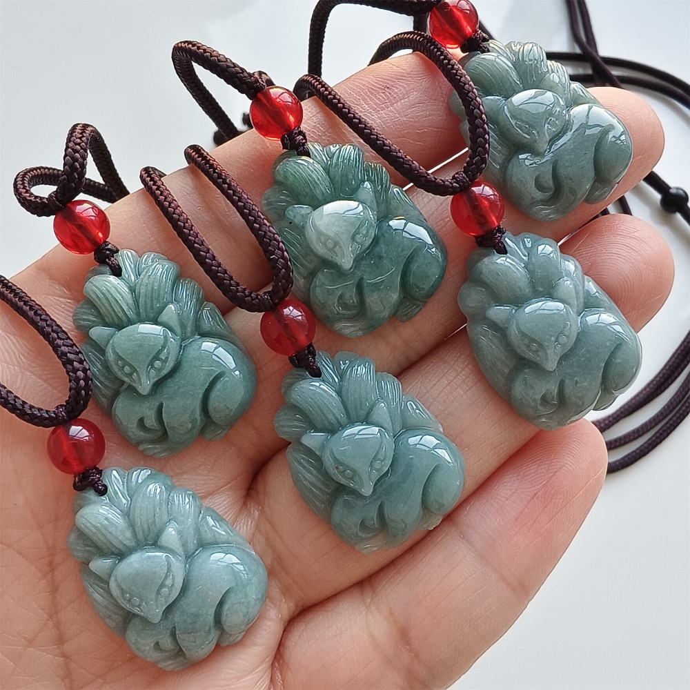 DDP | 23.4X17.3X5.6mm Natural Certificated Type A Blue Guatemalan Jadeite Nine Tailed Fox Pendant,Blue Jadeite Pendant,DIY Jewelry Supplies