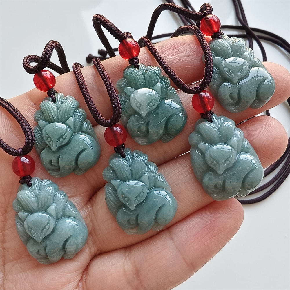 DDP | 23.4X17.3X5.6mm Natural Certificated Type A Blue Guatemalan Jadeite Nine Tailed Fox Pendant,Blue Jadeite Pendant,DIY Jewelry Supplies