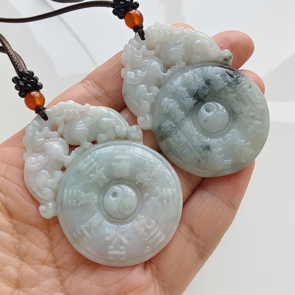 DDP | 53X37.2X5.5mm Natural Certificated Type A Light Green White Burmese Jadeite Double Pixiu Taiji Bagua  Pendant,DIY Jewelry Supplies