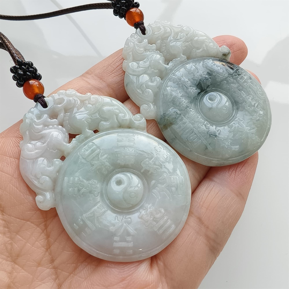 DDP | 53X37.2X5.5mm Natural Certificated Type A Light Green White Burmese Jadeite Double Pixiu Taiji Bagua  Pendant,DIY Jewelry Supplies