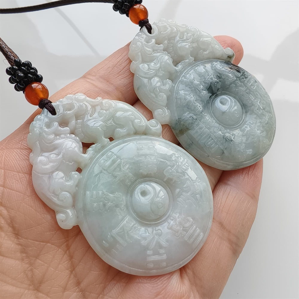 DDP | 53X37.2X5.5mm Natural Certificated Type A Light Green White Burmese Jadeite Double Pixiu Taiji Bagua  Pendant,DIY Jewelry Supplies