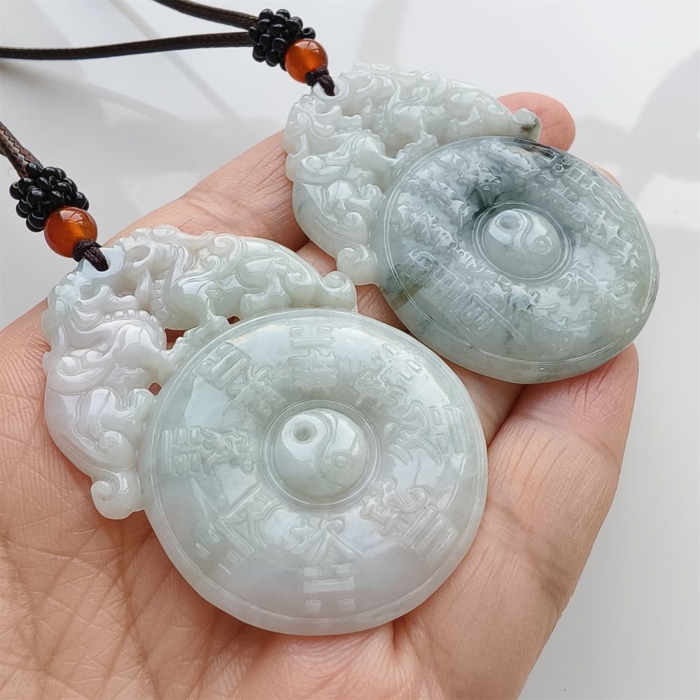 DDP | 53X37.2X5.5mm Natural Certificated Type A Light Green White Burmese Jadeite Double Pixiu Taiji Bagua  Pendant,DIY Jewelry Supplies