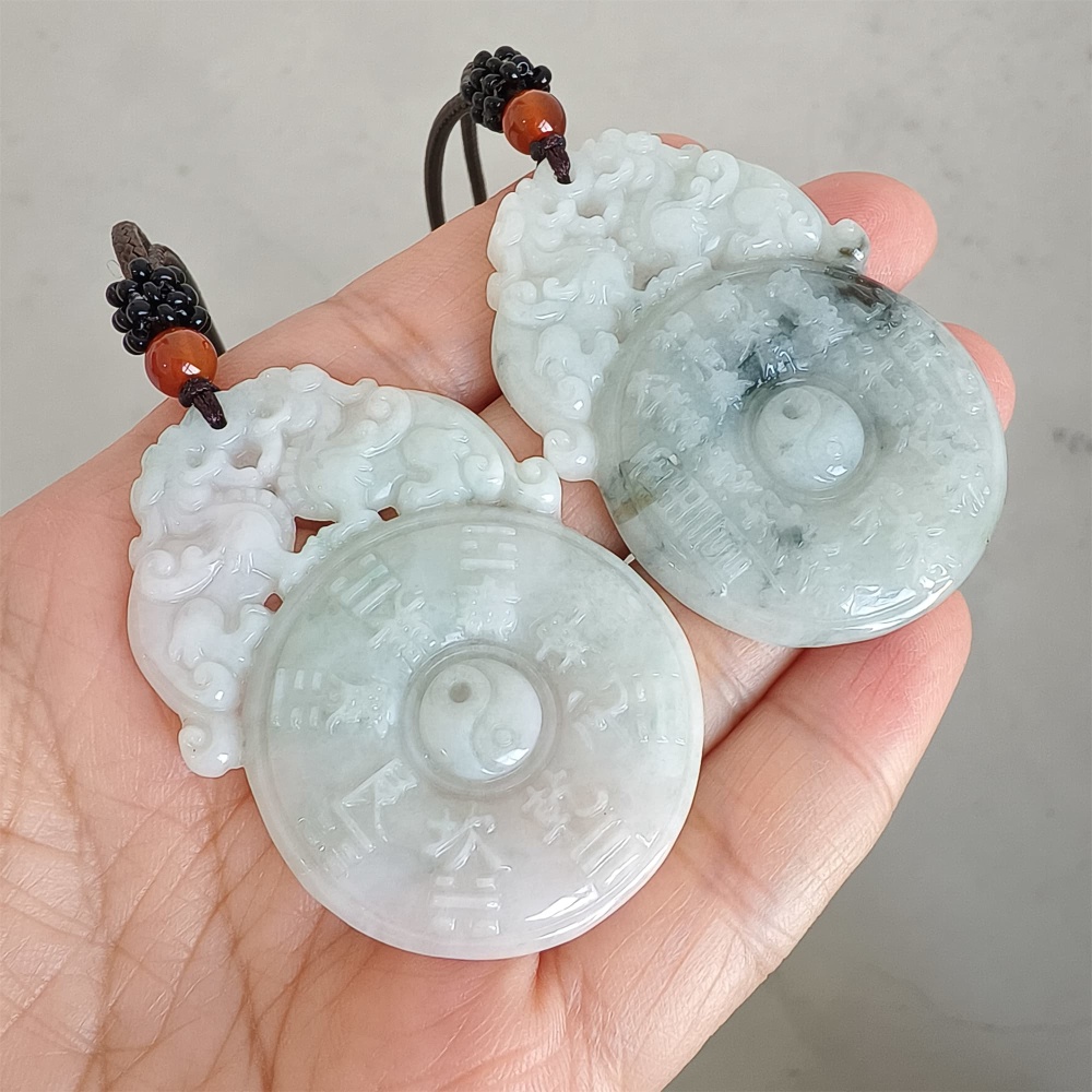 DDP | 53X37.2X5.5mm Natural Certificated Type A Light Green White Burmese Jadeite Double Pixiu Taiji Bagua  Pendant,DIY Jewelry Supplies