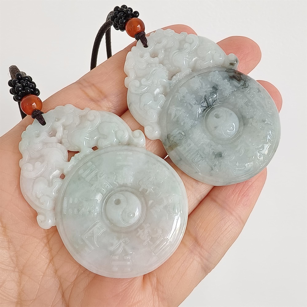 DDP | 53X37.2X5.5mm Natural Certificated Type A Light Green White Burmese Jadeite Double Pixiu Taiji Bagua  Pendant,DIY Jewelry Supplies