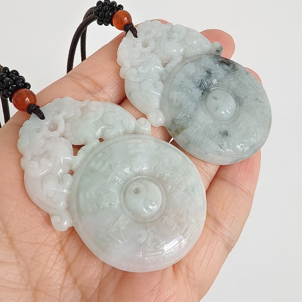 DDP | 53X37.2X5.5mm Natural Certificated Type A Light Green White Burmese Jadeite Double Pixiu Taiji Bagua  Pendant,DIY Jewelry Supplies