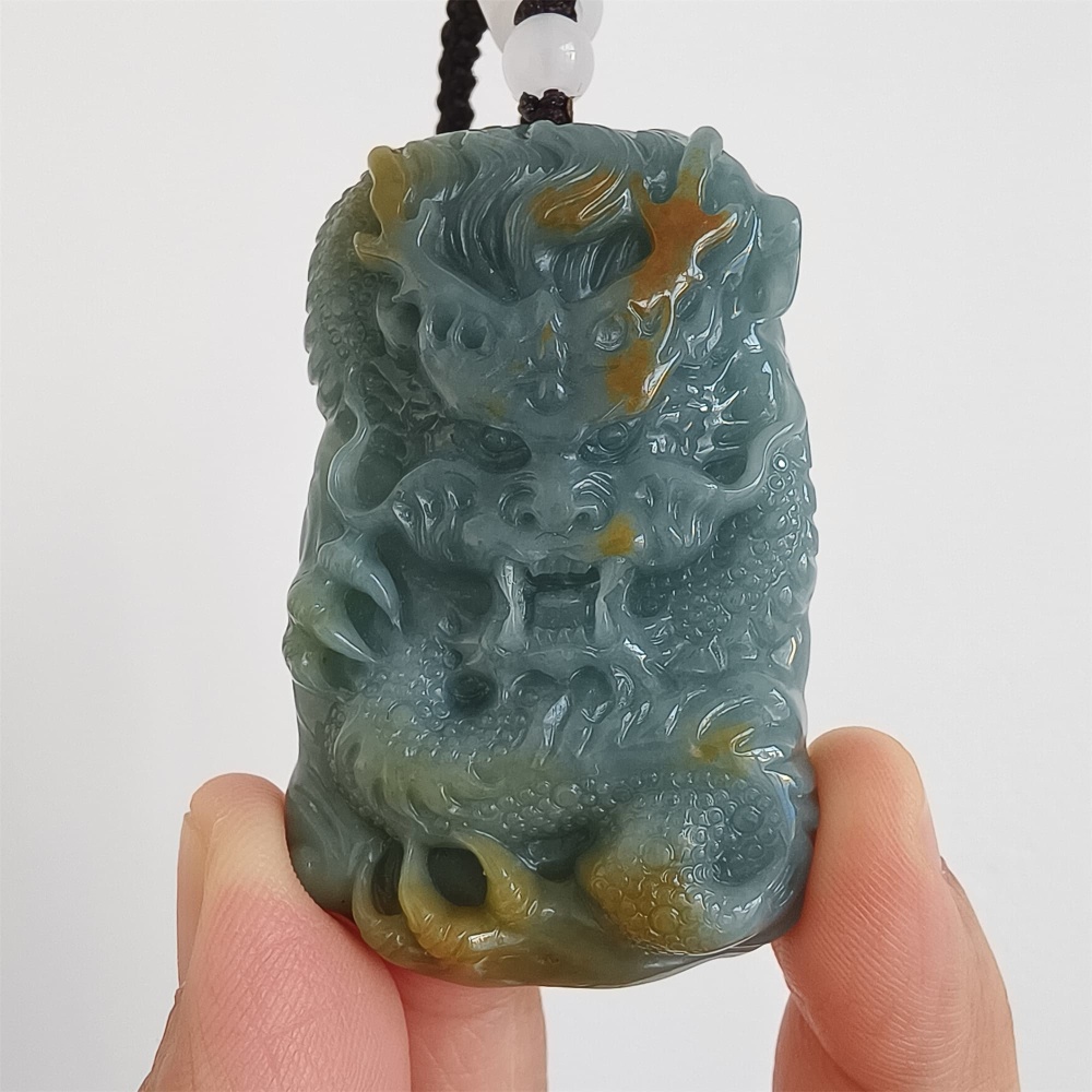 DDP | 57X35X10.3mm Unique Certificated Natural Hand Carved Yellow Color Heated Guatemalan Jadeite Rectangle Pendant With Dragon Carved,DIY Jewelry Supplies