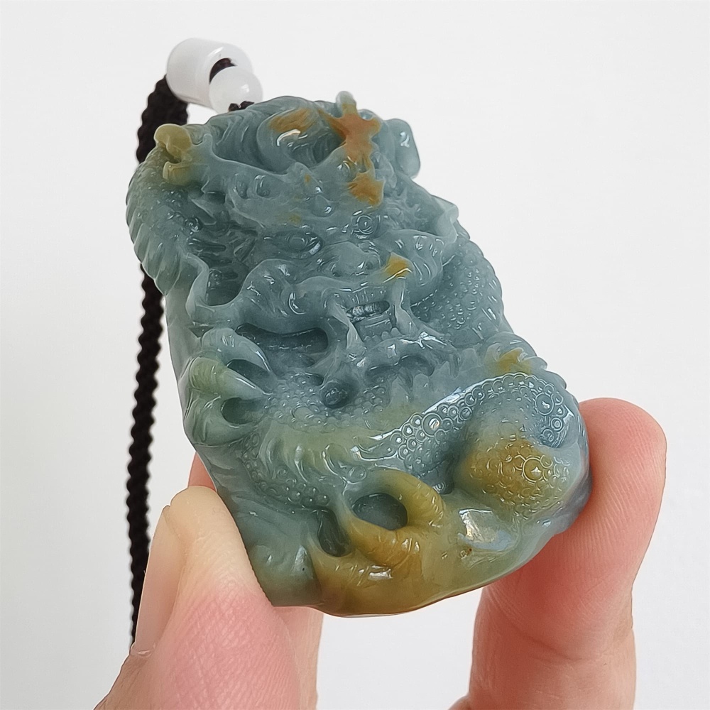 DDP | 57X35X10.3mm Unique Certificated Natural Hand Carved Yellow Color Heated Guatemalan Jadeite Rectangle Pendant With Dragon Carved,DIY Jewelry Supplies