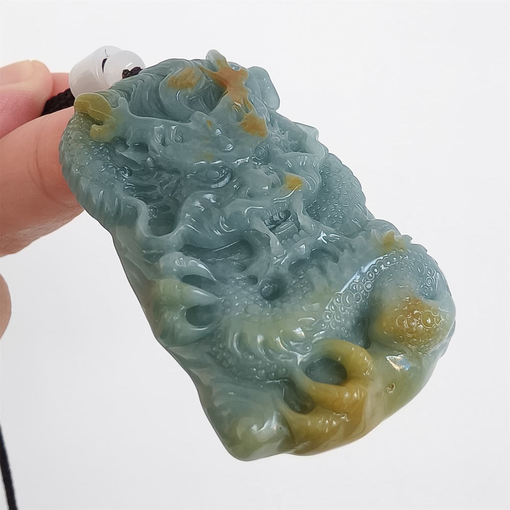 DDP | 57X35X10.3mm Unique Certificated Natural Hand Carved Yellow Color Heated Guatemalan Jadeite Rectangle Pendant With Dragon Carved,DIY Jewelry Supplies