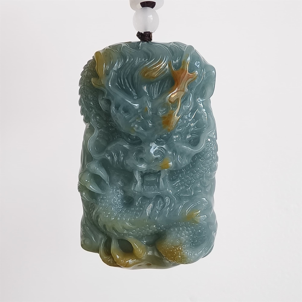DDP | 57X35X10.3mm Unique Certificated Natural Hand Carved Yellow Color Heated Guatemalan Jadeite Rectangle Pendant With Dragon Carved,DIY Jewelry Supplies