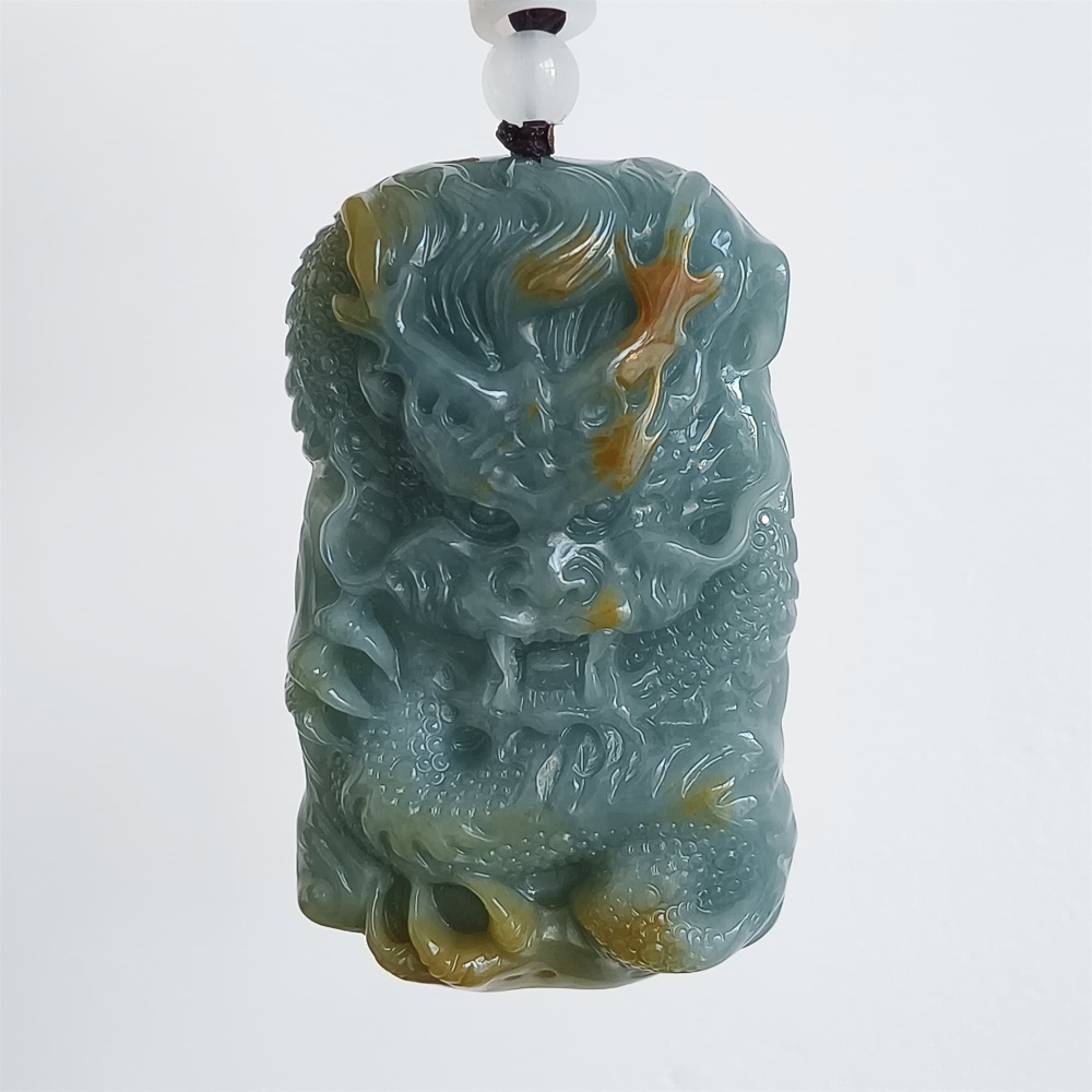 DDP | 57X35X10.3mm Unique Certificated Natural Hand Carved Yellow Color Heated Guatemalan Jadeite Rectangle Pendant With Dragon Carved,DIY Jewelry Supplies