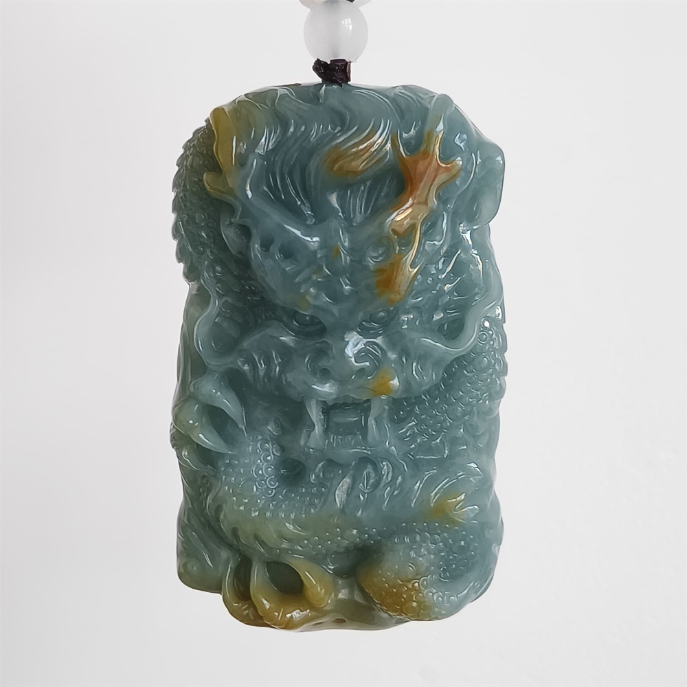 DDP | 57X35X10.3mm Unique Certificated Natural Hand Carved Yellow Color Heated Guatemalan Jadeite Rectangle Pendant With Dragon Carved,DIY Jewelry Supplies