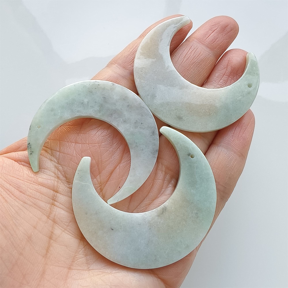 DDP | 3pcs 46-48.5X41.5-43.5X3.5mm Natural Certificated Type A Light Green Yellow Jadeite Crescent Pendant,Moon Pendant,DIY Jewelry Supplies