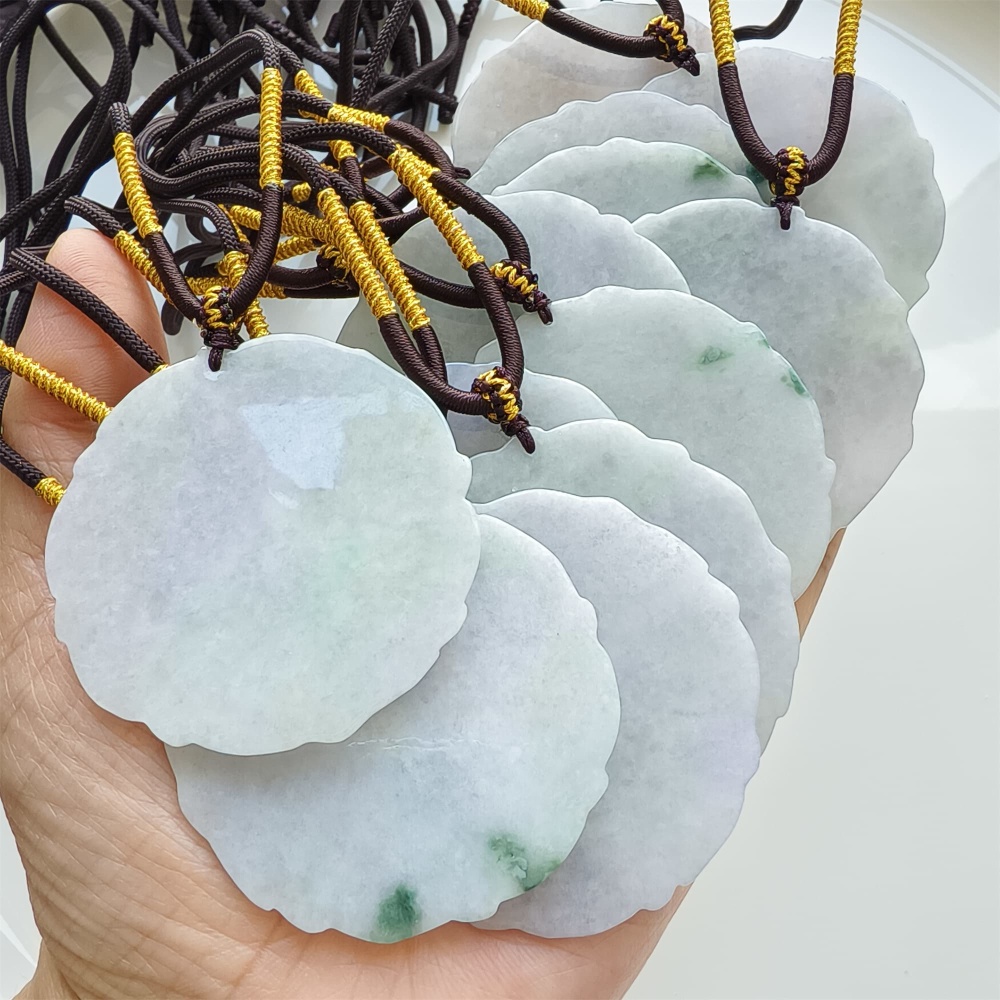 DDP | 51.3-52X1.2-2.4mm Natural Certificated Type A Light Green And Light Lavender Burmese Jadeite Round 平安无事 Plaque,Amulet Pendant,DIY Jewelry Supplies