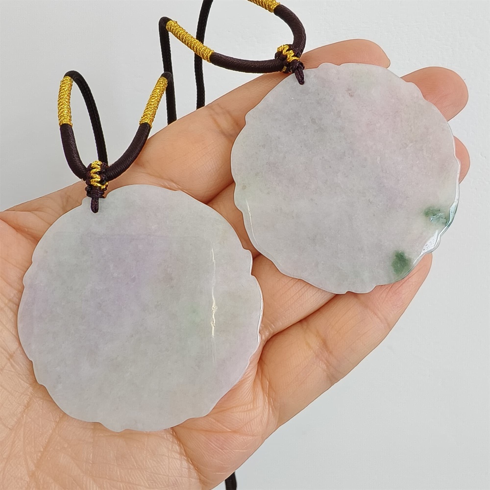 DDP | 51.3-52X1.2-2.4mm Natural Certificated Type A Light Green And Light Lavender Burmese Jadeite Round 平安无事 Plaque,Amulet Pendant,DIY Jewelry Supplies