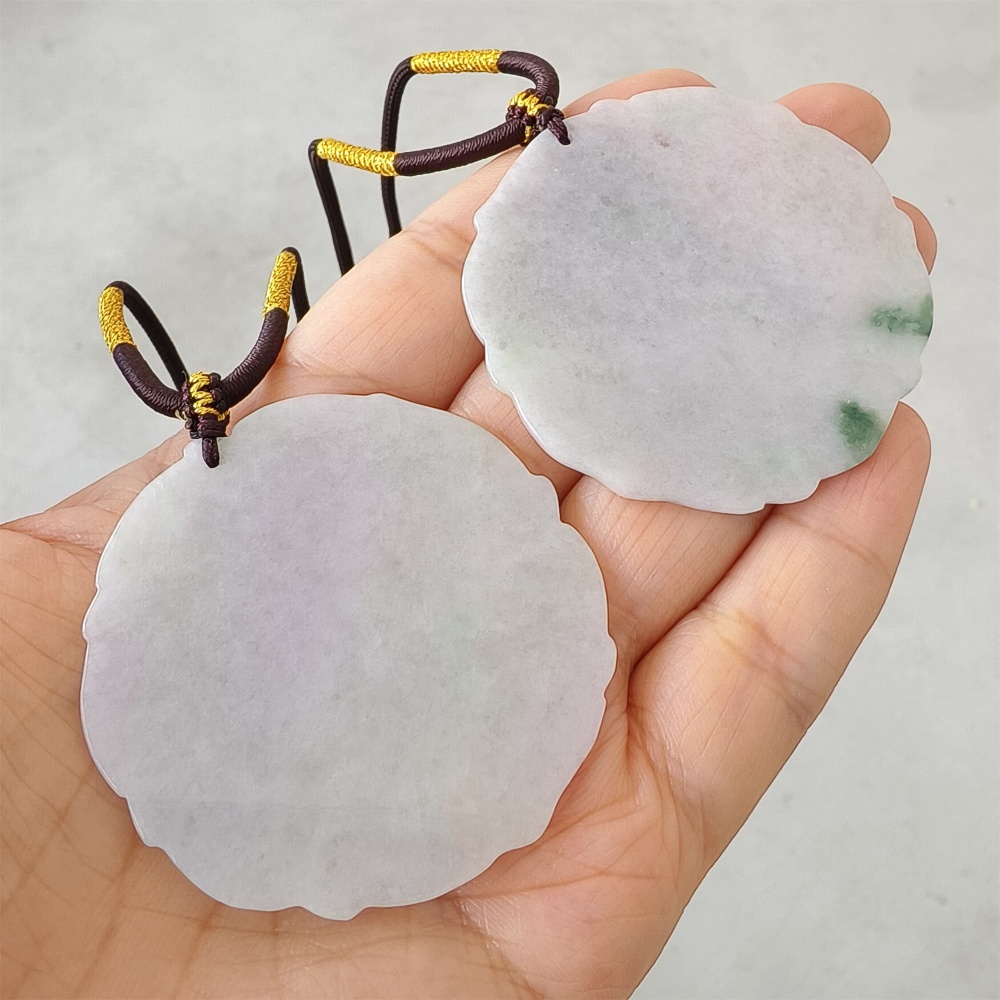 DDP | 51.3-52X1.2-2.4mm Natural Certificated Type A Light Green And Light Lavender Burmese Jadeite Round 平安无事 Plaque,Amulet Pendant,DIY Jewelry Supplies