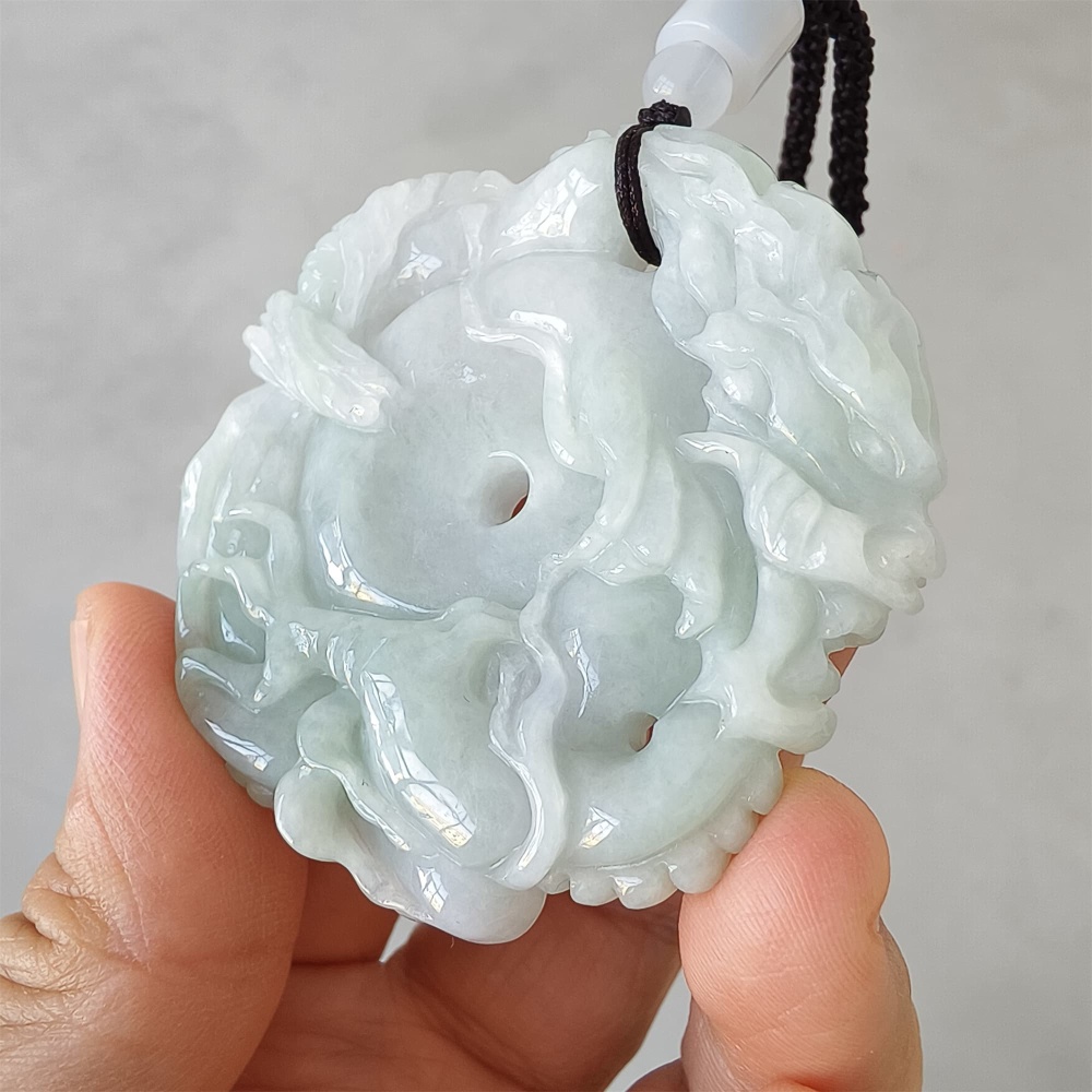DDP | 54.5X56X10.5mm Natural Certificated Type A Light Green White Burmese Jadeite Round Dragon Plaque,Amulet Pendant,DIY Jewelry Supplies