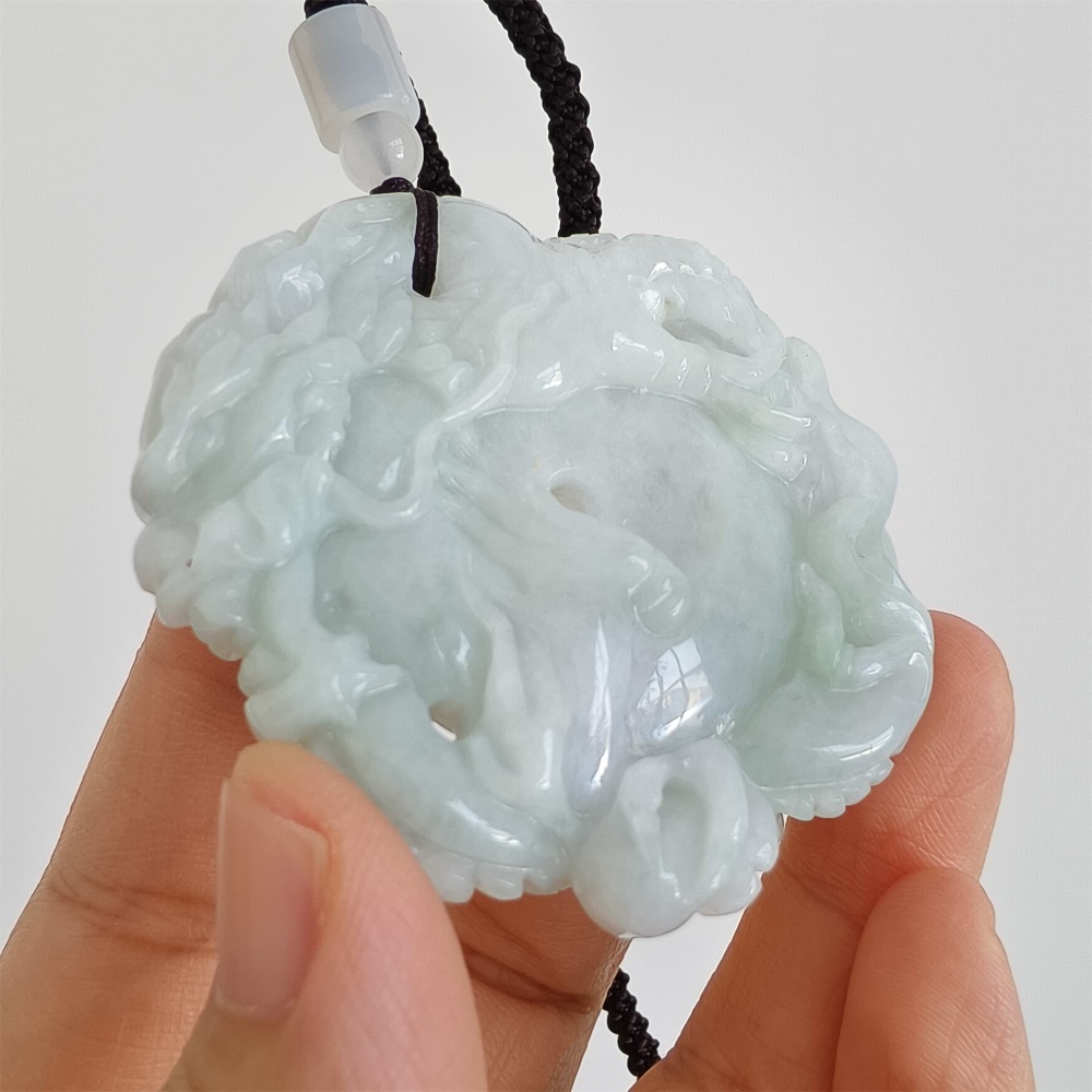 DDP | 54.5X56X10.5mm Natural Certificated Type A Light Green White Burmese Jadeite Round Dragon Plaque,Amulet Pendant,DIY Jewelry Supplies