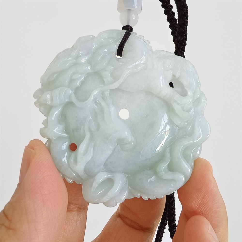 DDP | 54.5X56X10.5mm Natural Certificated Type A Light Green White Burmese Jadeite Round Dragon Plaque,Amulet Pendant,DIY Jewelry Supplies