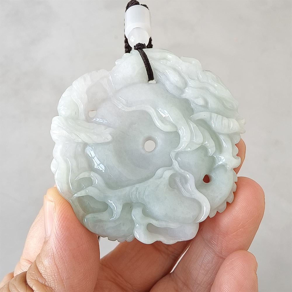 DDP | 54.5X56X10.5mm Natural Certificated Type A Light Green White Burmese Jadeite Round Dragon Plaque,Amulet Pendant,DIY Jewelry Supplies