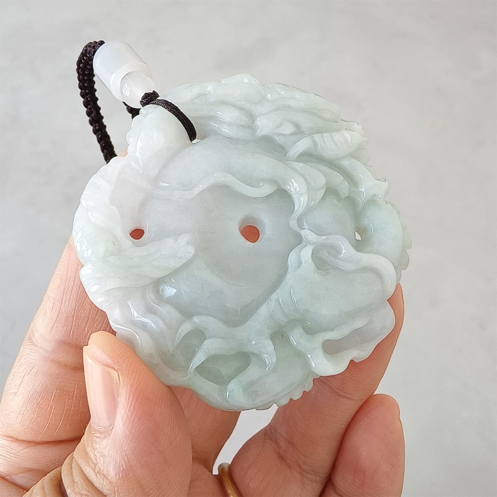 DDP | 54.5X56X10.5mm Natural Certificated Type A Light Green White Burmese Jadeite Round Dragon Plaque,Amulet Pendant,DIY Jewelry Supplies