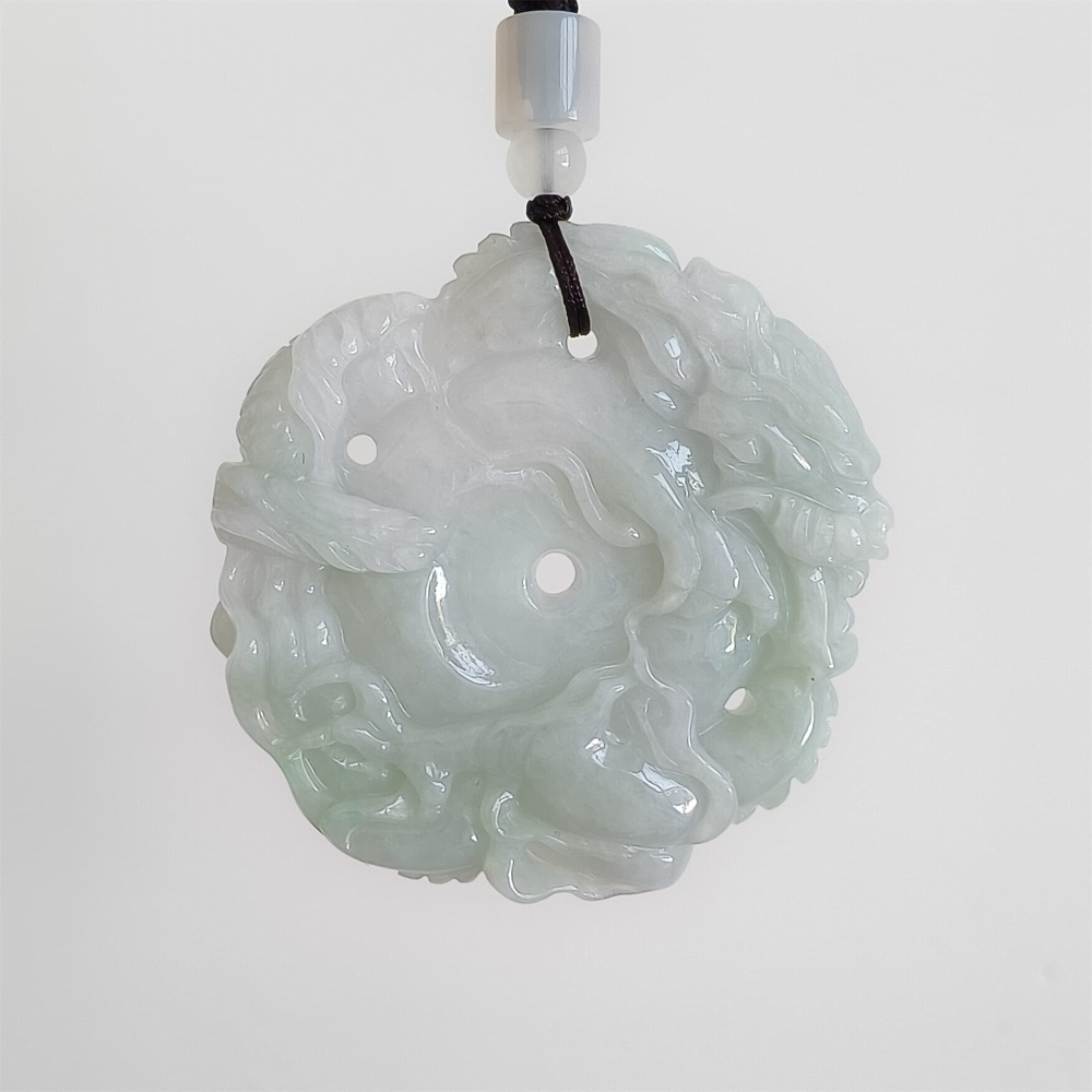 DDP | 54.5X56X10.5mm Natural Certificated Type A Light Green White Burmese Jadeite Round Dragon Plaque,Amulet Pendant,DIY Jewelry Supplies