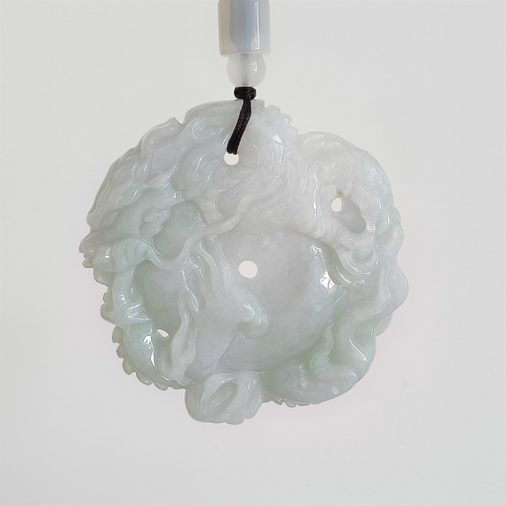 DDP | 54.5X56X10.5mm Natural Certificated Type A Light Green White Burmese Jadeite Round Dragon Plaque,Amulet Pendant,DIY Jewelry Supplies
