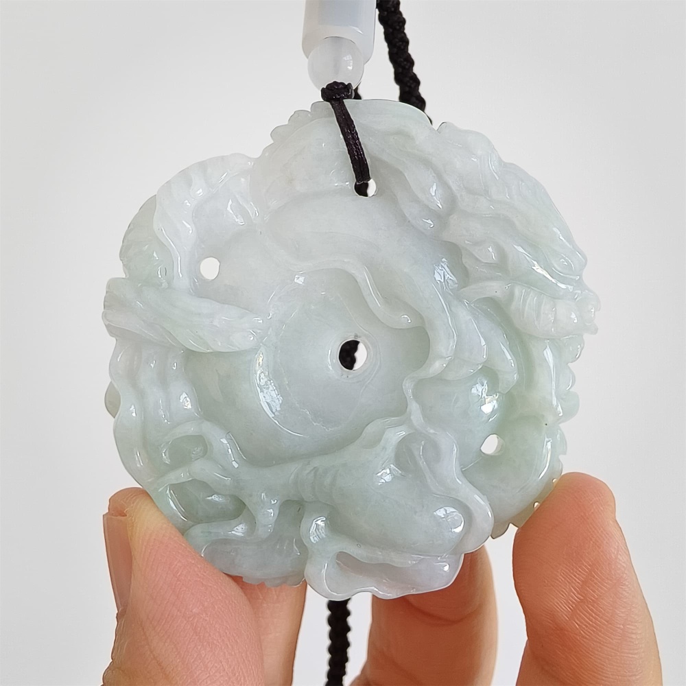 DDP | 54.5X56X10.5mm Natural Certificated Type A Light Green White Burmese Jadeite Round Dragon Plaque,Amulet Pendant,DIY Jewelry Supplies
