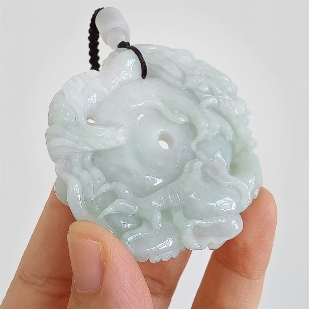 DDP | 54.5X56X10.5mm Natural Certificated Type A Light Green White Burmese Jadeite Round Dragon Plaque,Amulet Pendant,DIY Jewelry Supplies