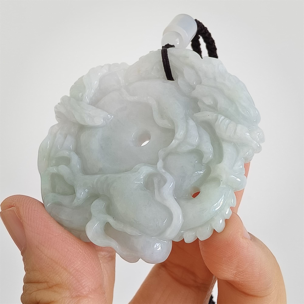 DDP | 54.5X56X10.5mm Natural Certificated Type A Light Green White Burmese Jadeite Round Dragon Plaque,Amulet Pendant,DIY Jewelry Supplies