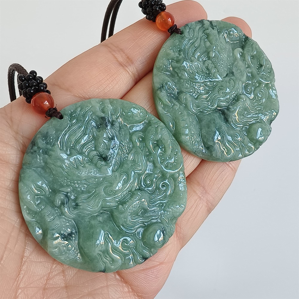 DDP | 50X5.5mm Natural Certificated Type A Bean Green Burmese Jadeite Trapezoid Round Pendant With Dragon Carved,Amulet Pendant,DIY Jewelry Supplies