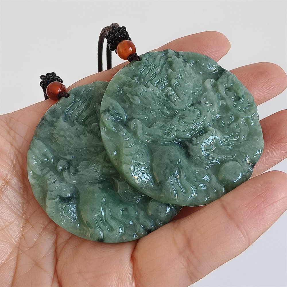 DDP | 50X5.5mm Natural Certificated Type A Bean Green Burmese Jadeite Trapezoid Round Pendant With Dragon Carved,Amulet Pendant,DIY Jewelry Supplies