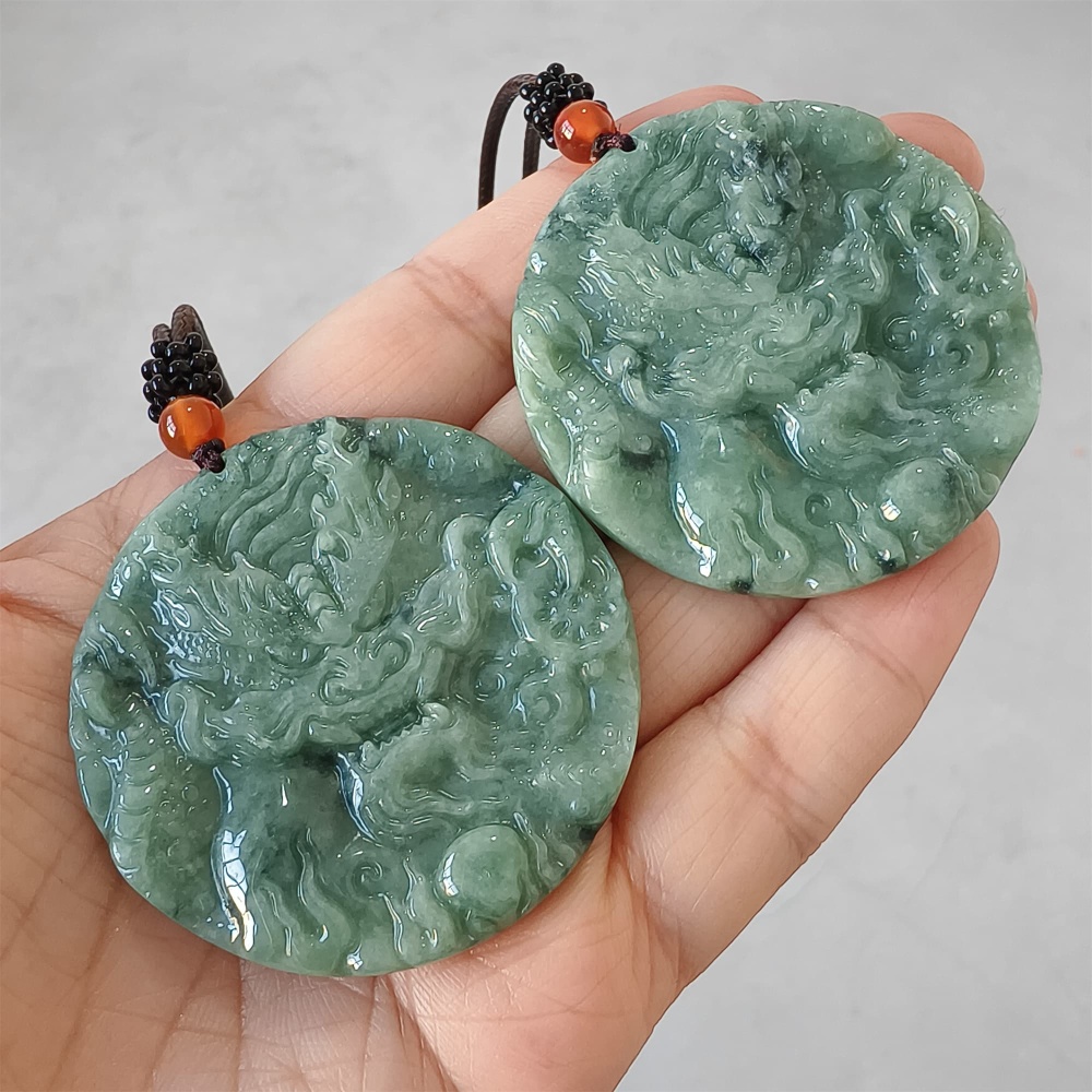 DDP | 50X5.5mm Natural Certificated Type A Bean Green Burmese Jadeite Trapezoid Round Pendant With Dragon Carved,Amulet Pendant,DIY Jewelry Supplies