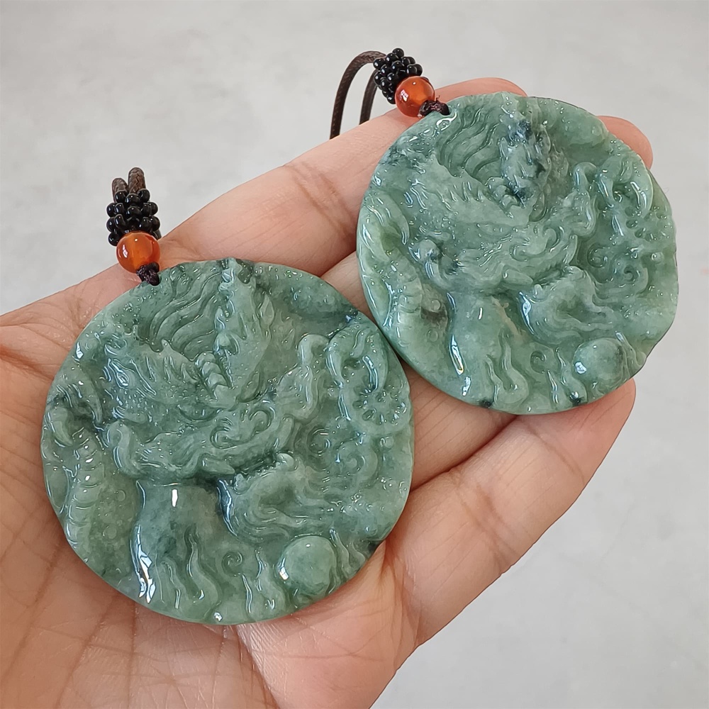 DDP | 50X5.5mm Natural Certificated Type A Bean Green Burmese Jadeite Trapezoid Round Pendant With Dragon Carved,Amulet Pendant,DIY Jewelry Supplies