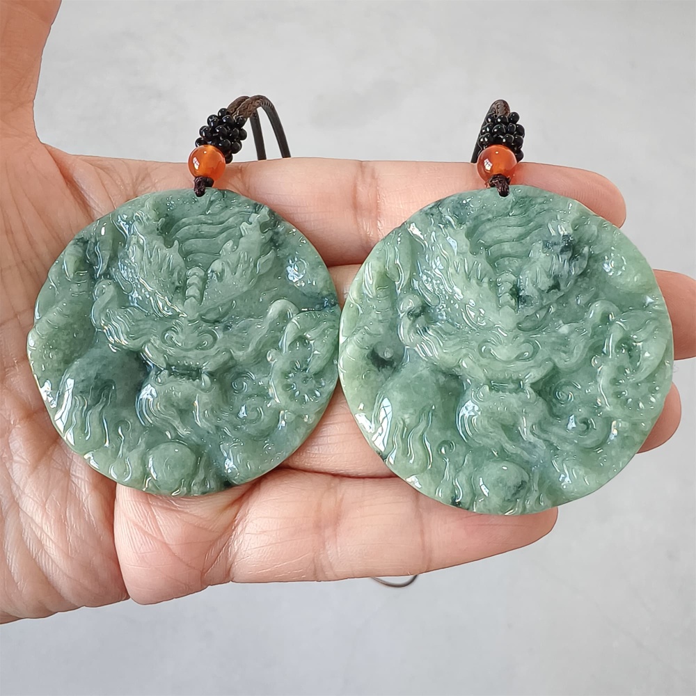 DDP | 50X5.5mm Natural Certificated Type A Bean Green Burmese Jadeite Trapezoid Round Pendant With Dragon Carved,Amulet Pendant,DIY Jewelry Supplies