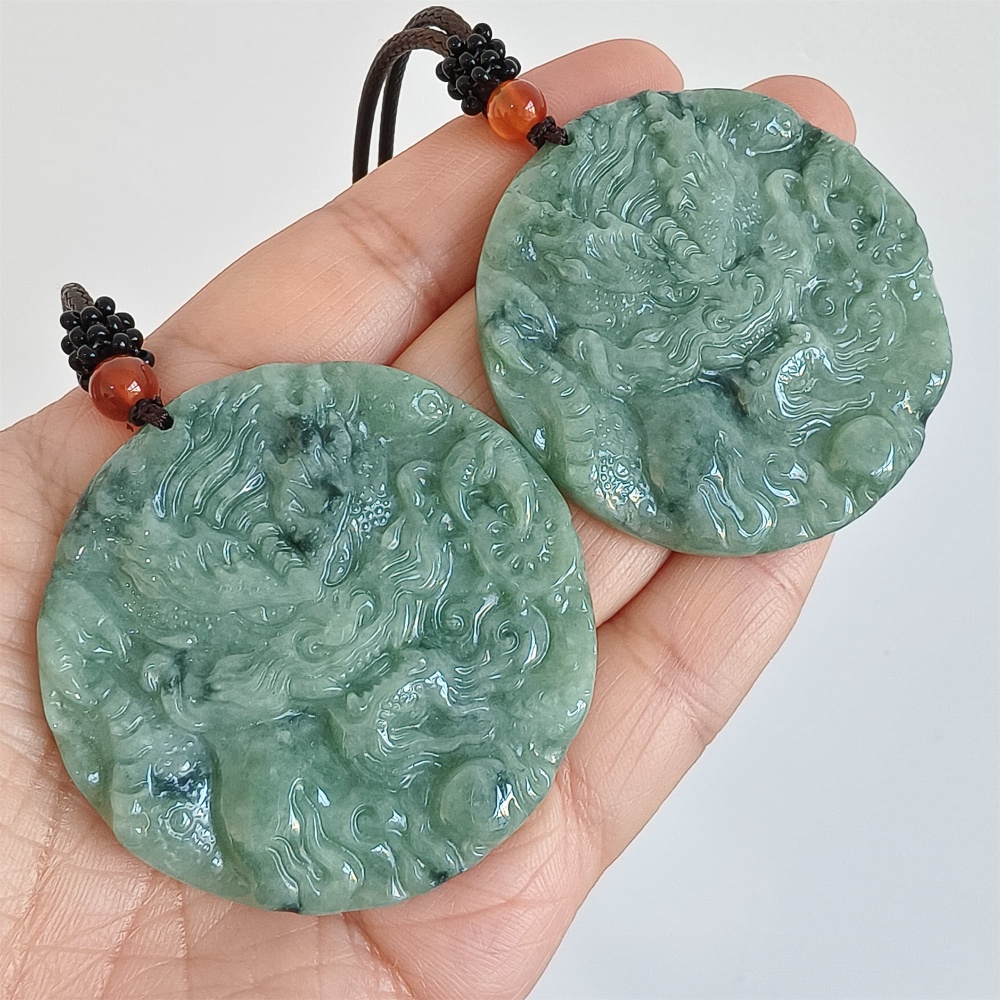 DDP | 50X5.5mm Natural Certificated Type A Bean Green Burmese Jadeite Trapezoid Round Pendant With Dragon Carved,Amulet Pendant,DIY Jewelry Supplies