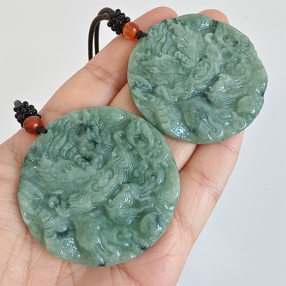 DDP | 50X5.5mm Natural Certificated Type A Bean Green Burmese Jadeite Trapezoid Round Pendant With Dragon Carved,Amulet Pendant,DIY Jewelry Supplies