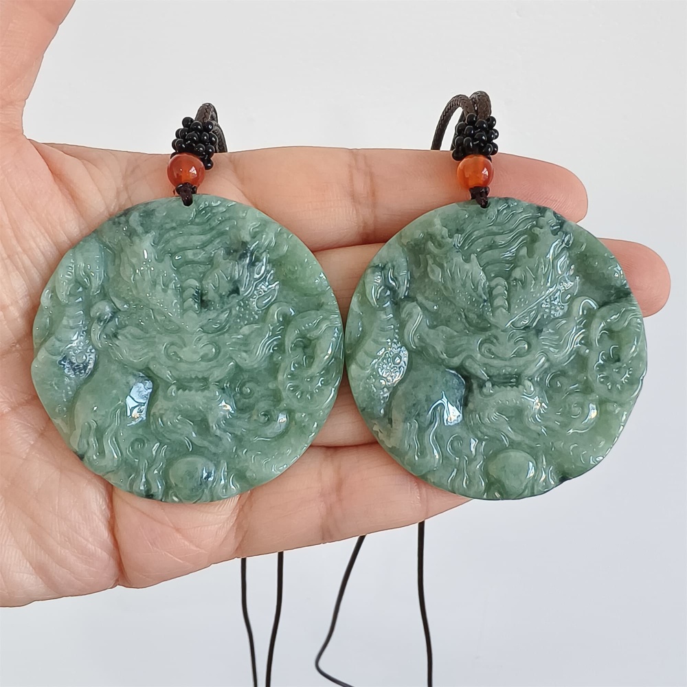 DDP | 50X5.5mm Natural Certificated Type A Bean Green Burmese Jadeite Trapezoid Round Pendant With Dragon Carved,Amulet Pendant,DIY Jewelry Supplies