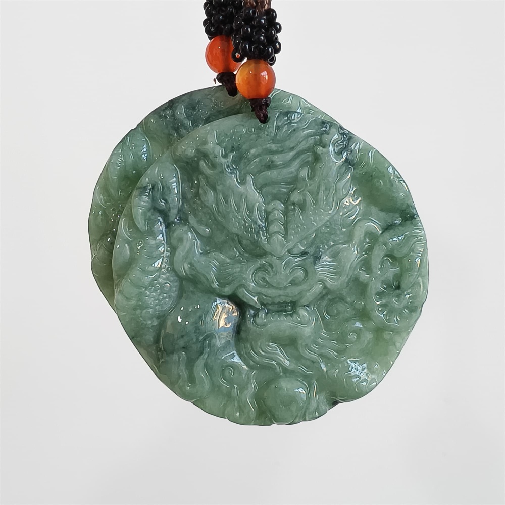 DDP | 50X5.5mm Natural Certificated Type A Bean Green Burmese Jadeite Trapezoid Round Pendant With Dragon Carved,Amulet Pendant,DIY Jewelry Supplies