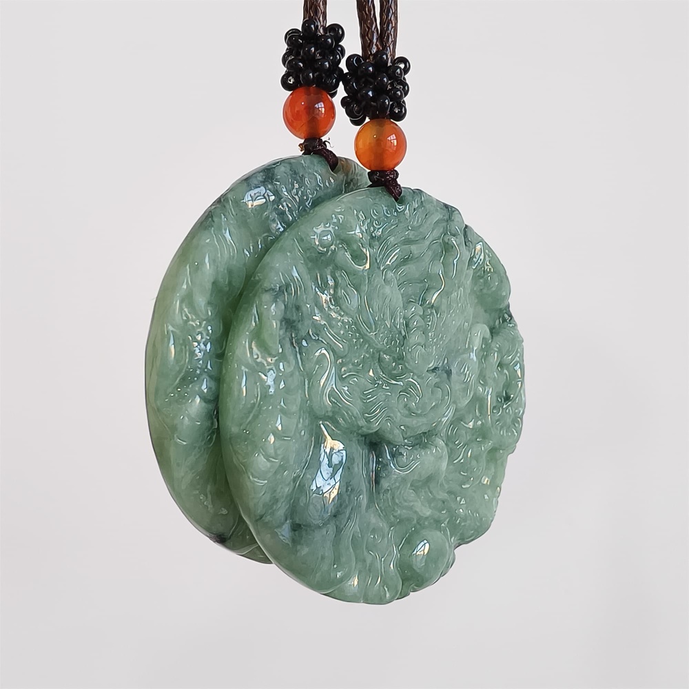 DDP | 50X5.5mm Natural Certificated Type A Bean Green Burmese Jadeite Trapezoid Round Pendant With Dragon Carved,Amulet Pendant,DIY Jewelry Supplies