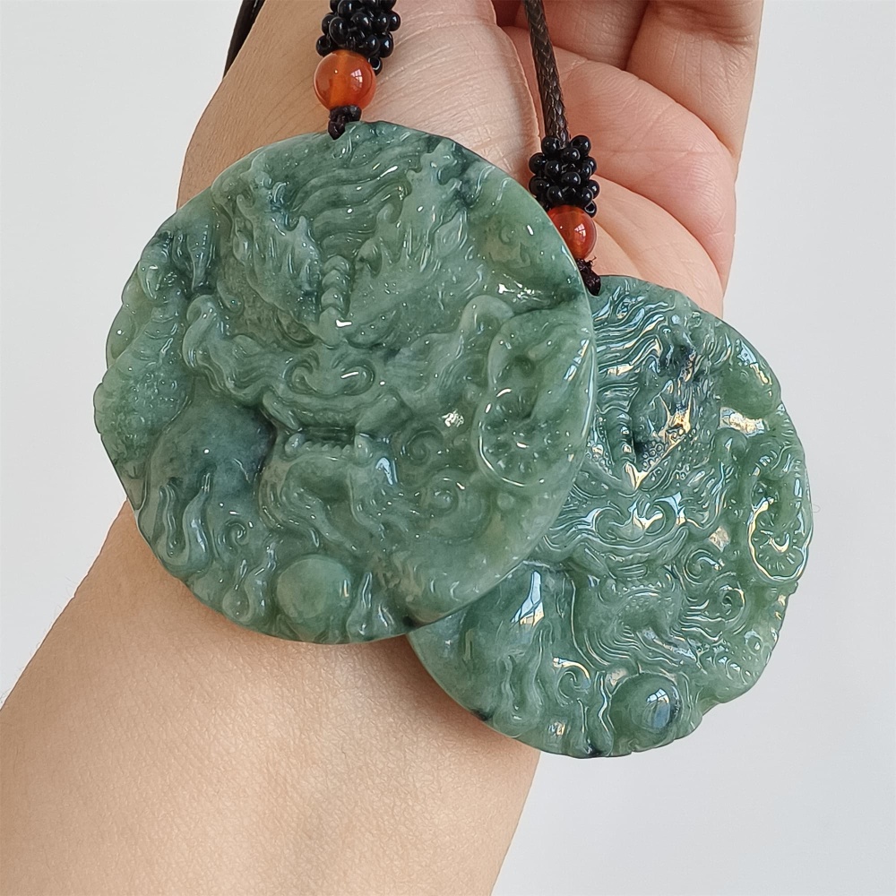 DDP | 50X5.5mm Natural Certificated Type A Bean Green Burmese Jadeite Trapezoid Round Pendant With Dragon Carved,Amulet Pendant,DIY Jewelry Supplies