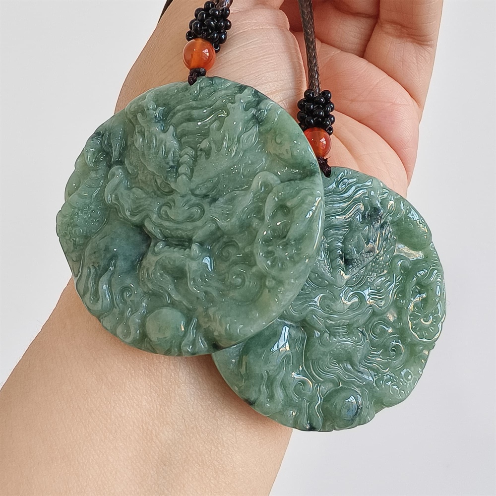 DDP | 50X5.5mm Natural Certificated Type A Bean Green Burmese Jadeite Trapezoid Round Pendant With Dragon Carved,Amulet Pendant,DIY Jewelry Supplies