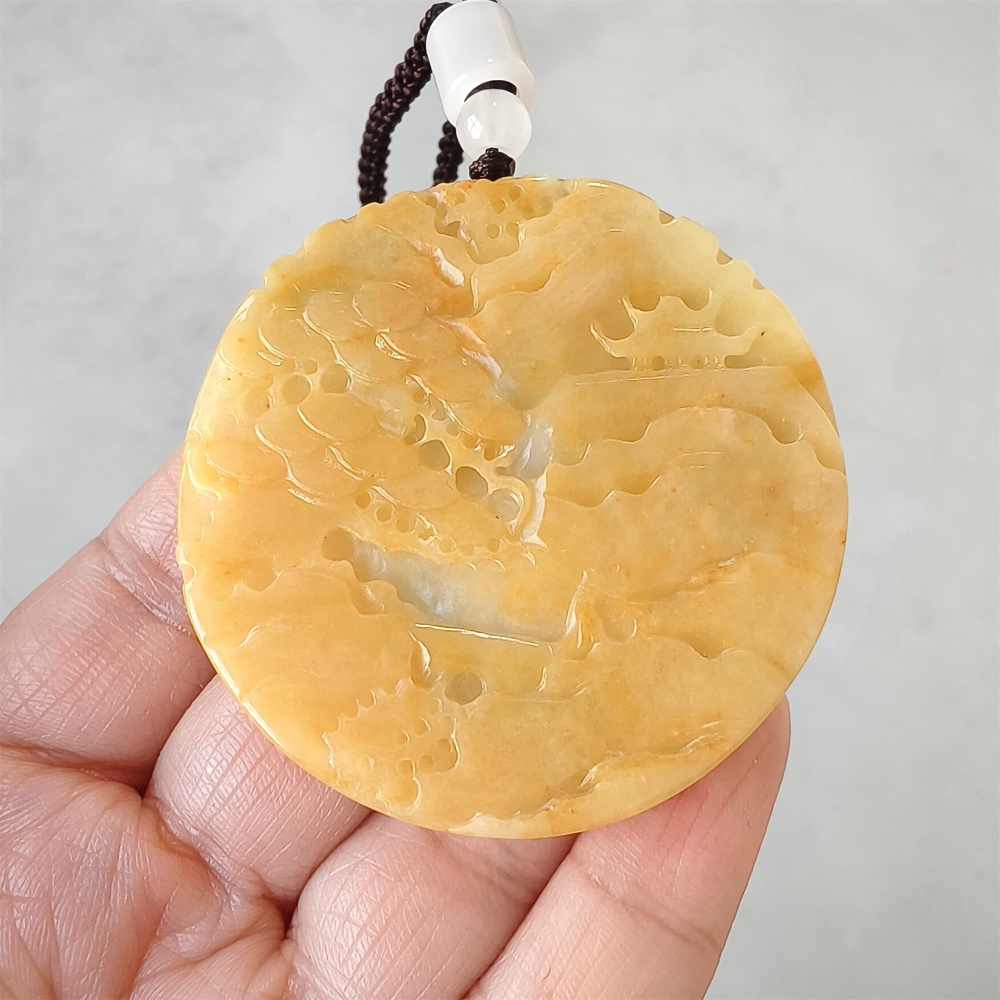 DDP | 53X6mm Unique Certificated Natural Hand Carved Yellow Color Heated Burmese Jadeite Round Pendant With Landscape Carved,Yellow White Green Jadeite Pendant,DIY Jewelry Supplies