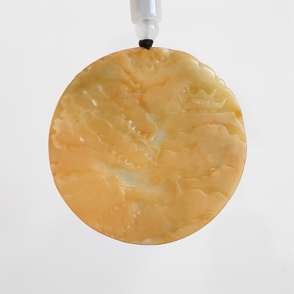 DDP | 53X6mm Unique Certificated Natural Hand Carved Yellow Color Heated Burmese Jadeite Round Pendant With Landscape Carved,Yellow White Green Jadeite Pendant,DIY Jewelry Supplies