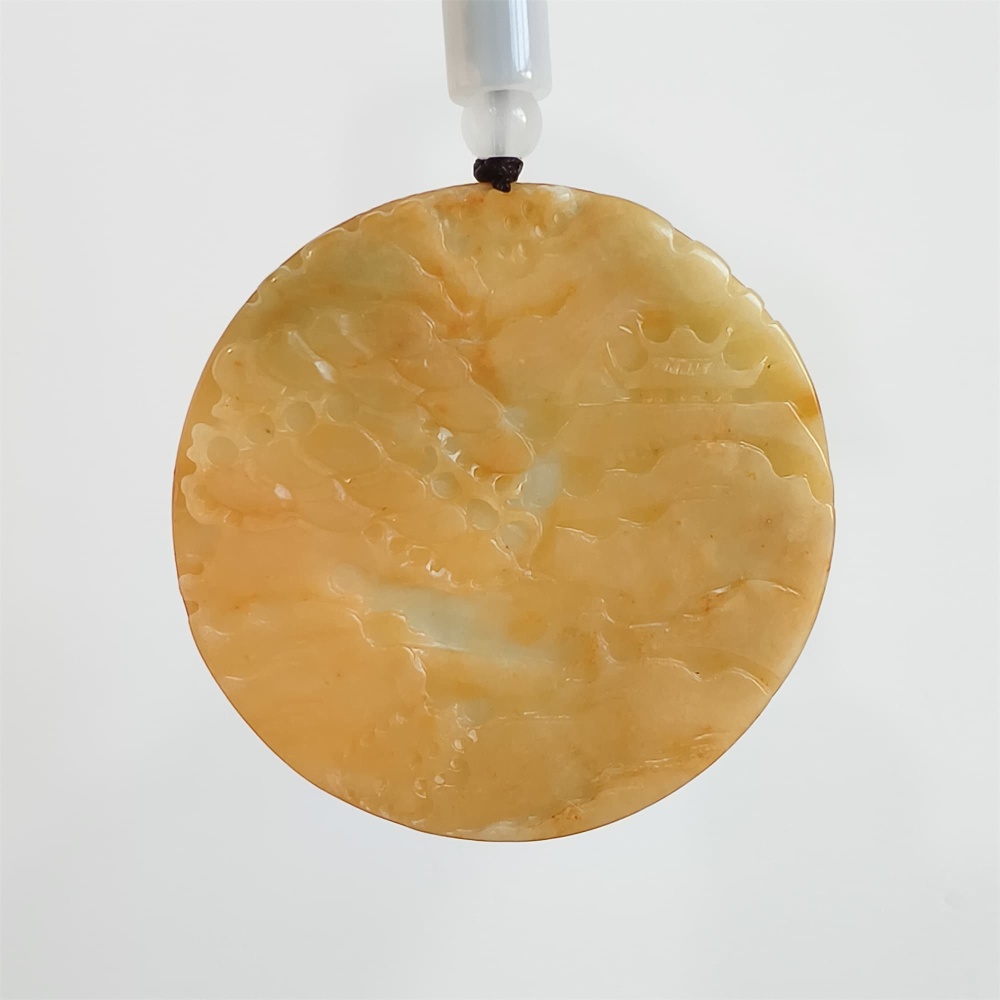 DDP | 53X6mm Unique Certificated Natural Hand Carved Yellow Color Heated Burmese Jadeite Round Pendant With Landscape Carved,Yellow White Green Jadeite Pendant,DIY Jewelry Supplies