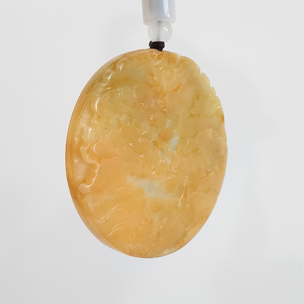 DDP | 53X6mm Unique Certificated Natural Hand Carved Yellow Color Heated Burmese Jadeite Round Pendant With Landscape Carved,Yellow White Green Jadeite Pendant,DIY Jewelry Supplies