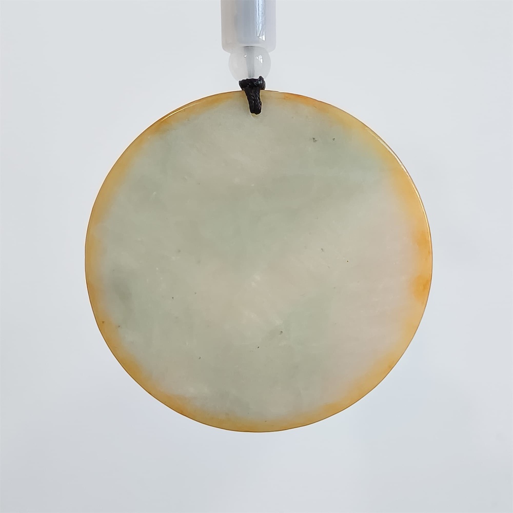 DDP | 53X6mm Unique Certificated Natural Hand Carved Yellow Color Heated Burmese Jadeite Round Pendant With Landscape Carved,Yellow White Green Jadeite Pendant,DIY Jewelry Supplies