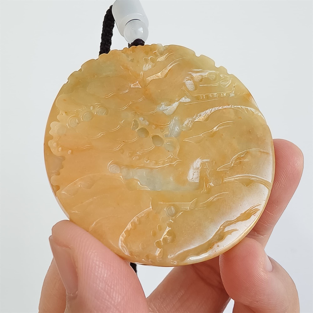 DDP | 53X6mm Unique Certificated Natural Hand Carved Yellow Color Heated Burmese Jadeite Round Pendant With Landscape Carved,Yellow White Green Jadeite Pendant,DIY Jewelry Supplies