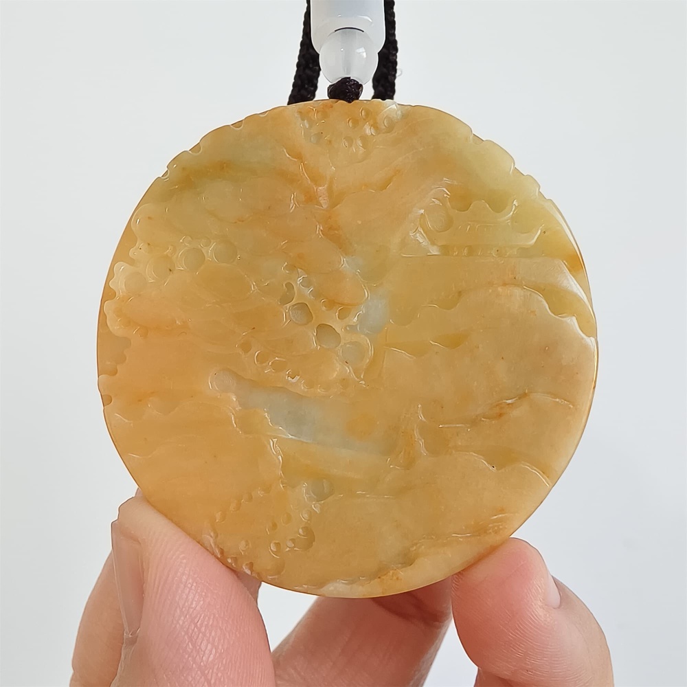 DDP | 53X6mm Unique Certificated Natural Hand Carved Yellow Color Heated Burmese Jadeite Round Pendant With Landscape Carved,Yellow White Green Jadeite Pendant,DIY Jewelry Supplies
