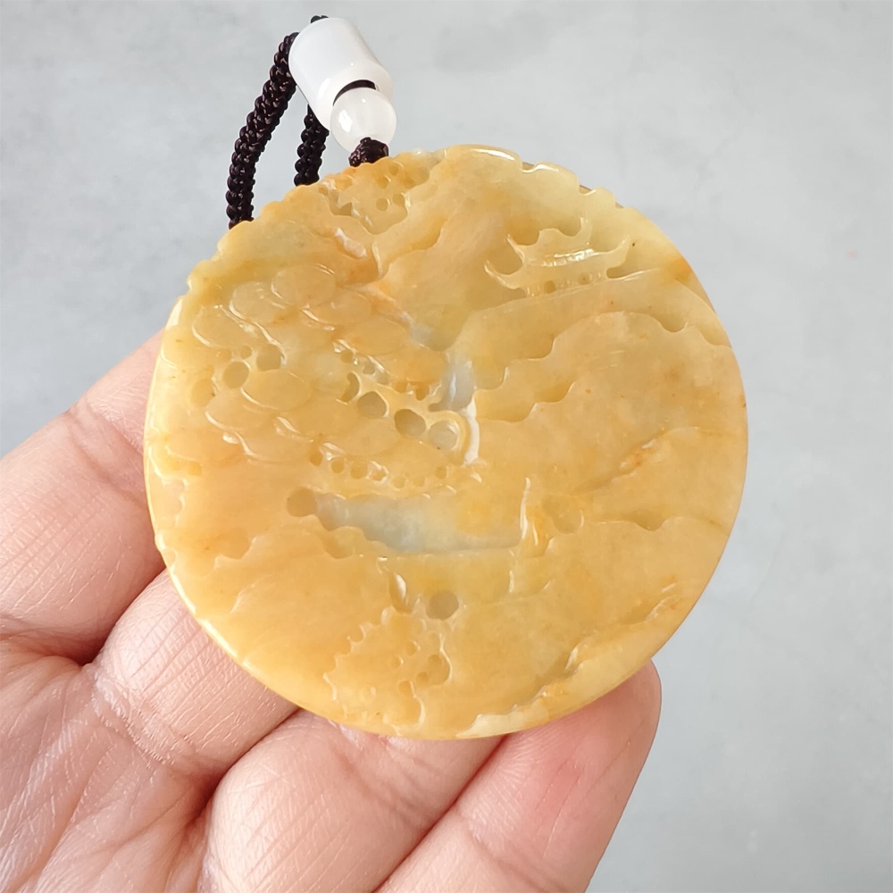 DDP | 53X6mm Unique Certificated Natural Hand Carved Yellow Color Heated Burmese Jadeite Round Pendant With Landscape Carved,Yellow White Green Jadeite Pendant,DIY Jewelry Supplies